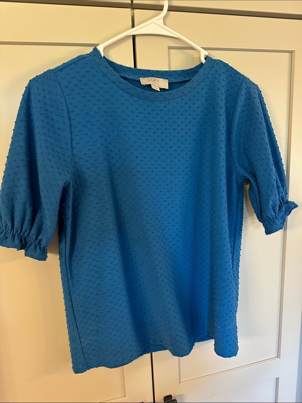 LOFT Short Sleeve Textured Puff-Sleeve Top in Bright Blue